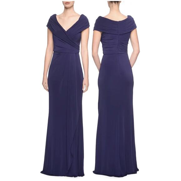 La Femme Evening Gown Ruched Jersey Faux Wrap Navy Blue Size 14 #26519 NWOT - Picture 1 of 11
